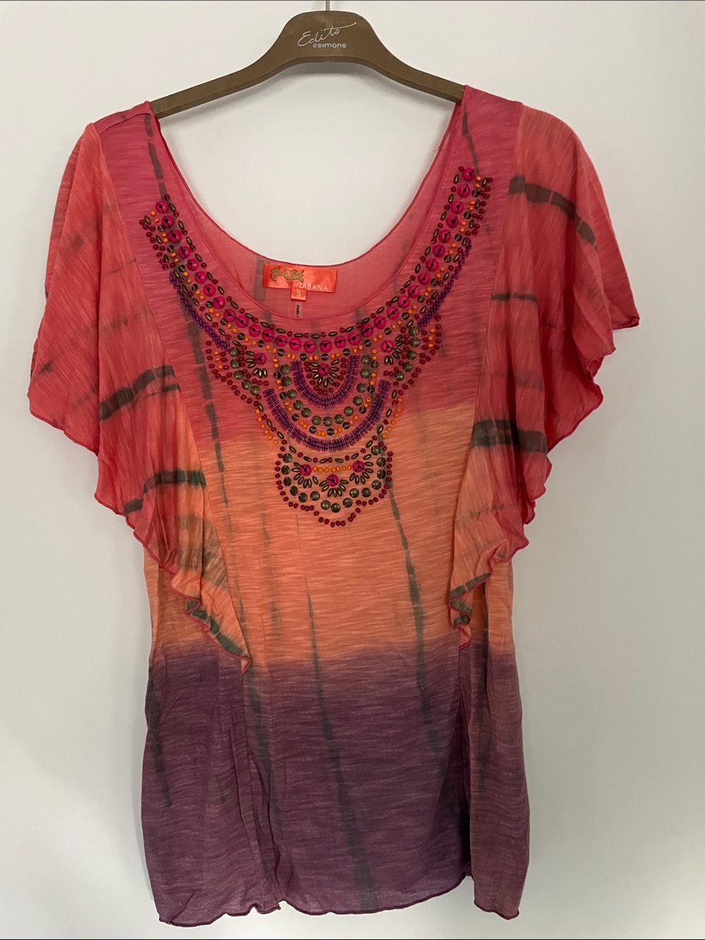 Hale Bob Pink Orange Purple Ombre Beaded Flutter Sleeve Top NWOT S